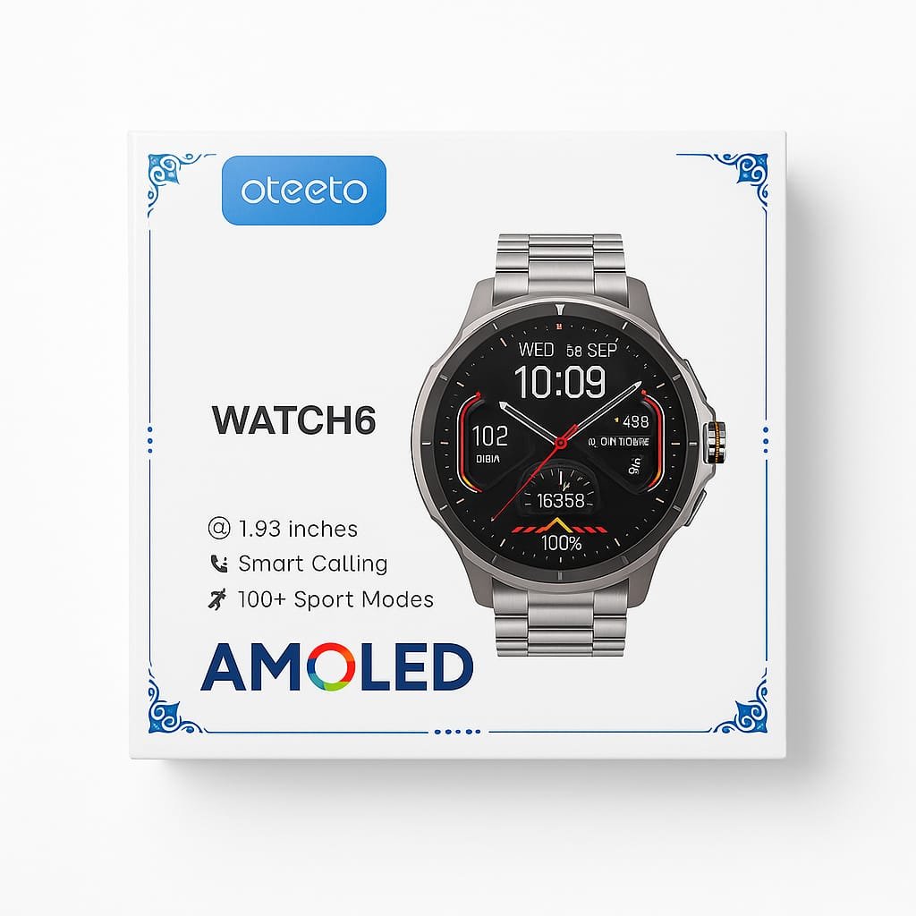 ساعة Oteeto Watch 6 – شاشة AMOLED 1.93″، مكالمات بلوتوث، 100+ وضع رياضي، بطارية 200 mAh، مقاومة ماء IP68 1 oteeto watch 6